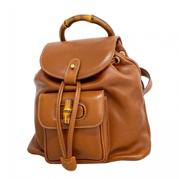 Gucci Handbags - Gucci Backpack Daypack Bamboo 003 2058 Leather Brown Gold Hardware Women's